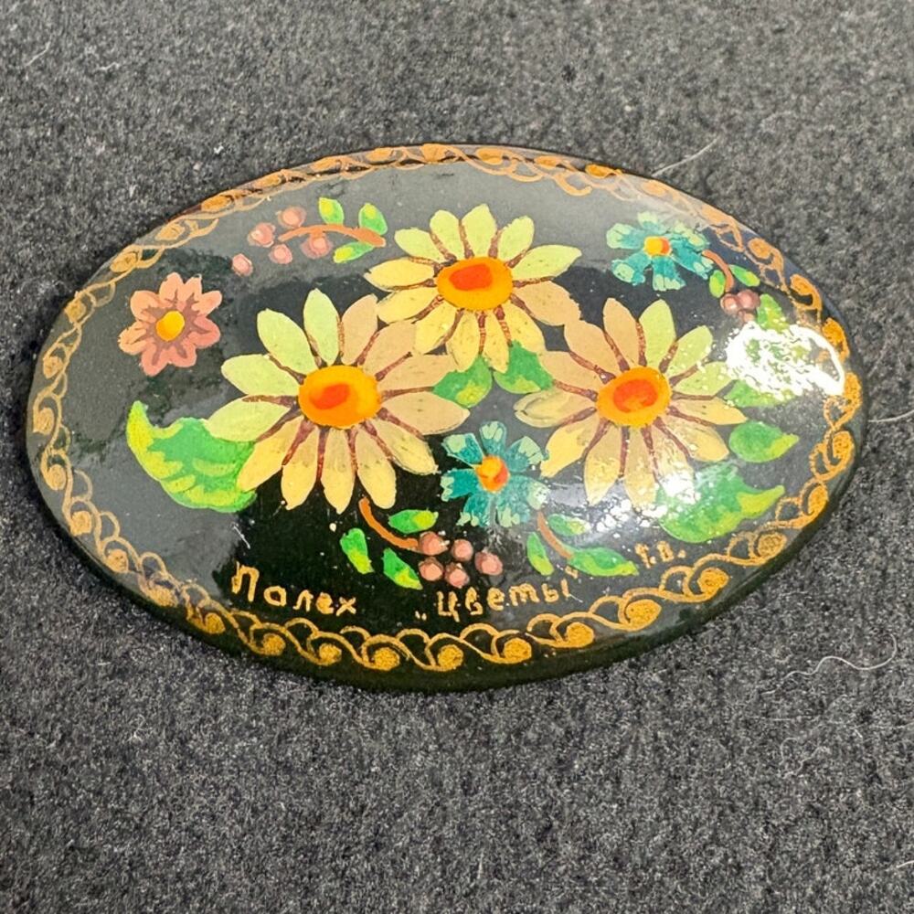 Vintage Hand-Painted Russian Folk Art Floral Brooch • Signed • Lacquer Style